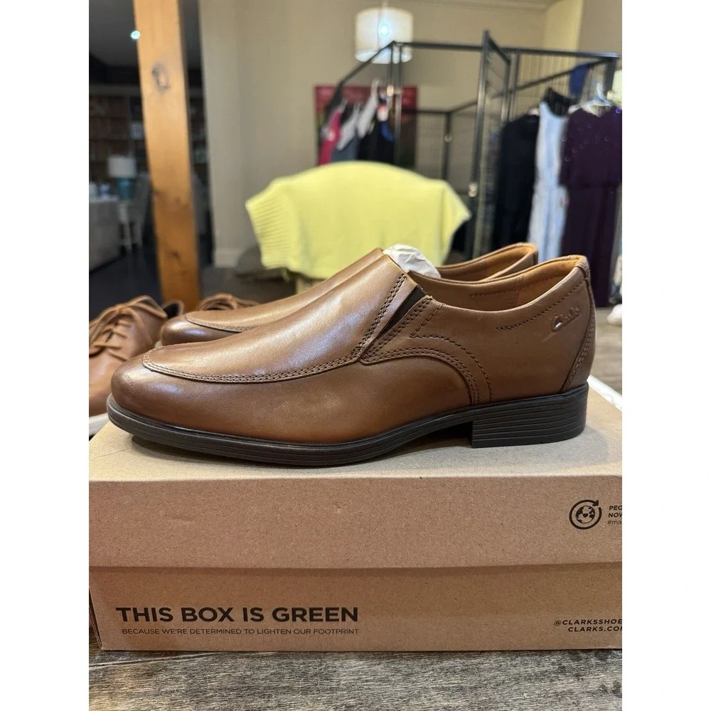 Clarks Mens Whiddon Step Dark Tan Leather Loafers‎ Shoes 10.5 Wide Slip On